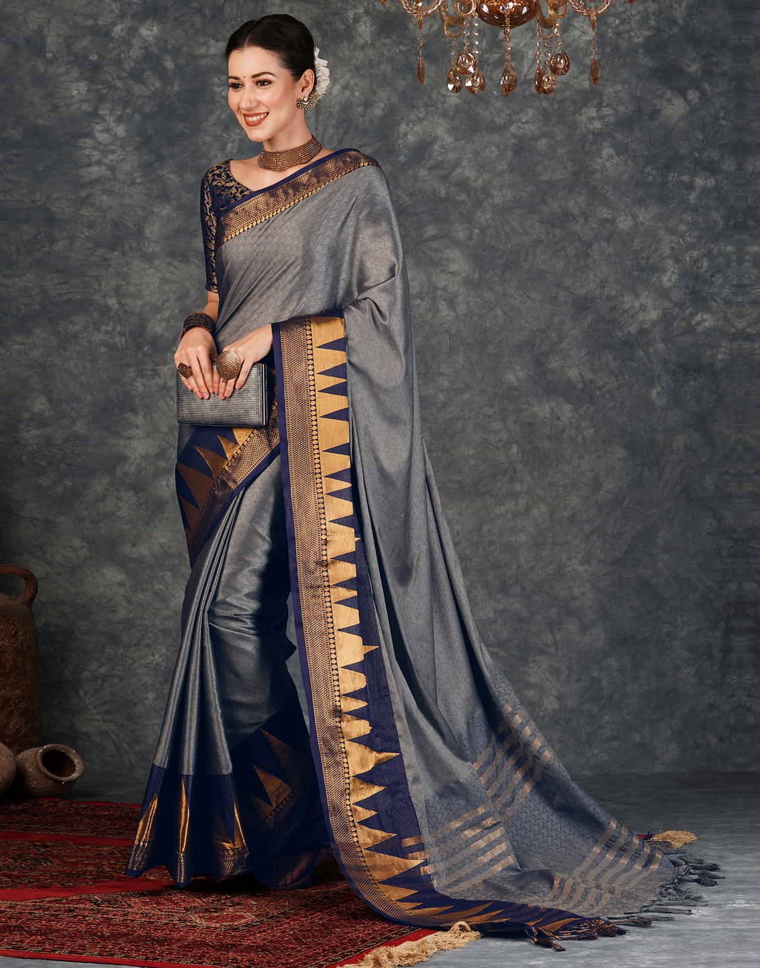 Grey Kanjivaram Silk Woven Saree