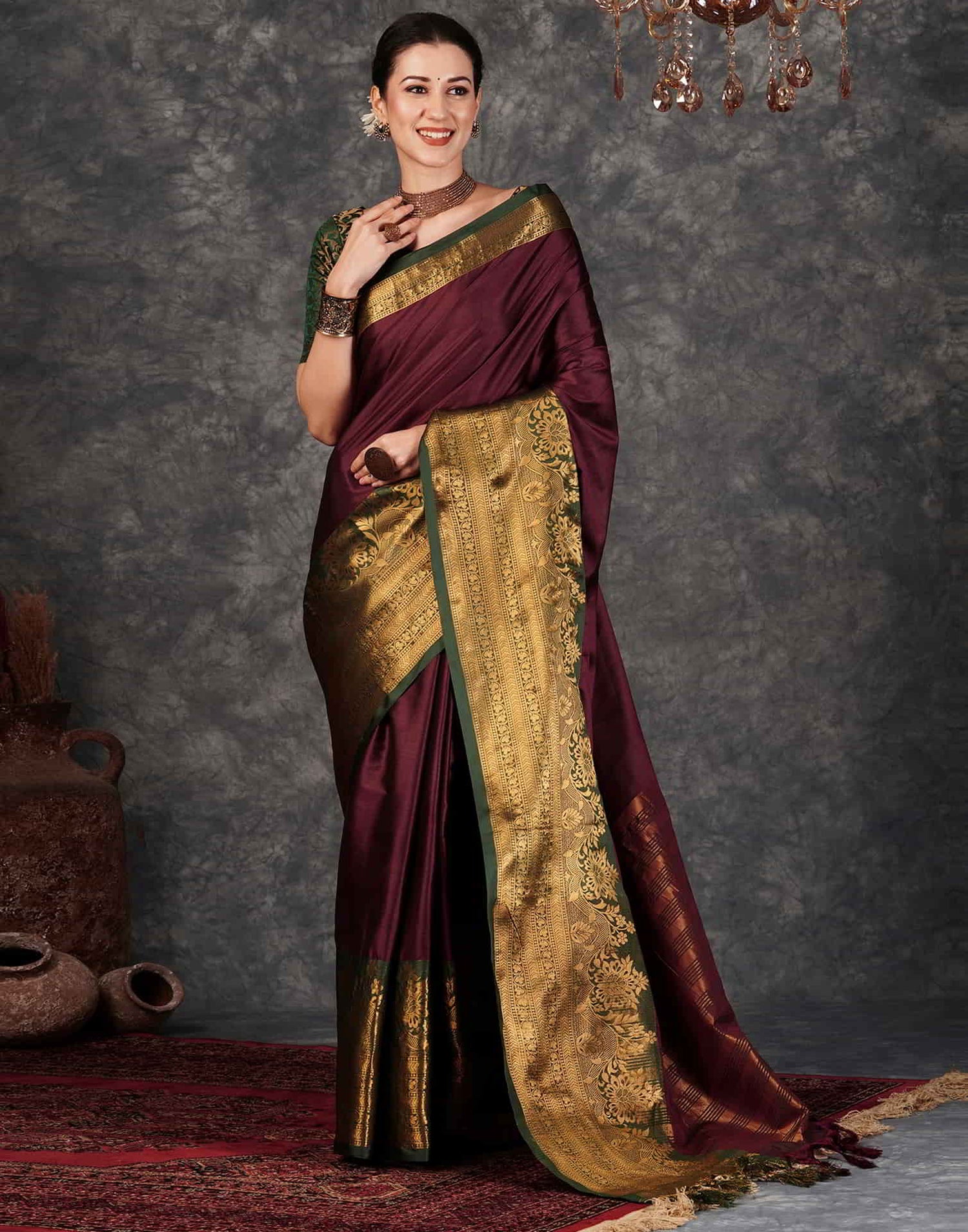 Wine Kanjivaram Silk Woven Saree