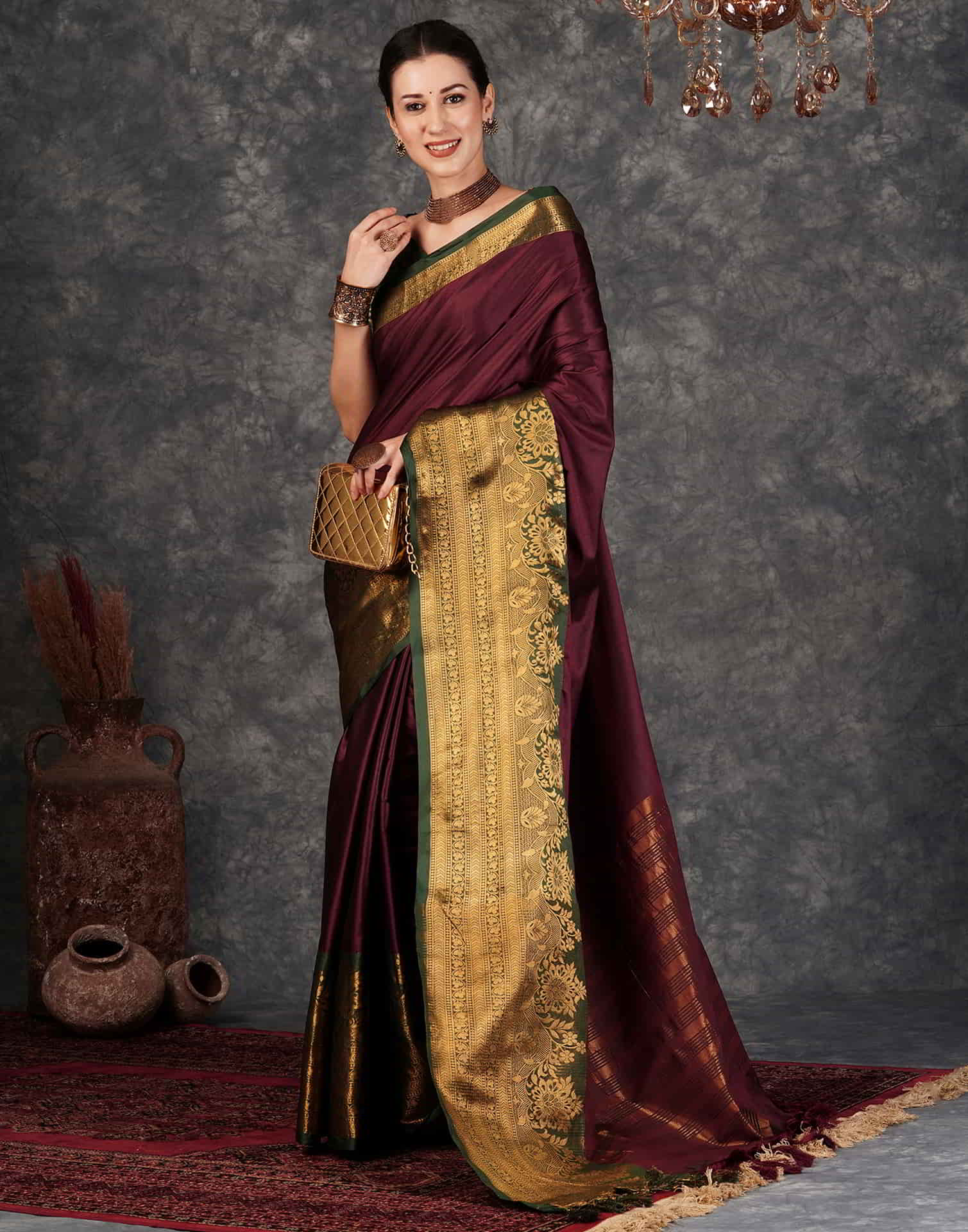 Wine Kanjivaram Silk Woven Saree