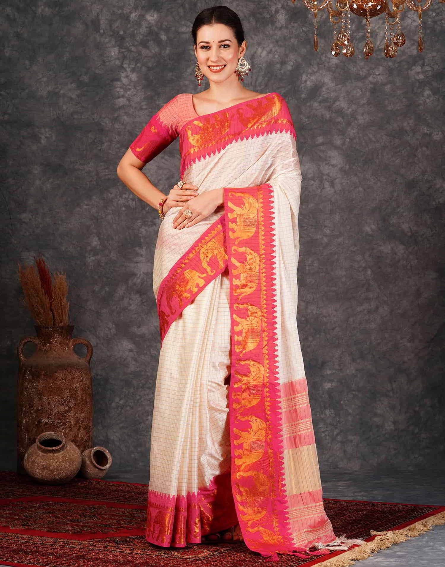 Cream Kanjivaram Silk Woven Saree