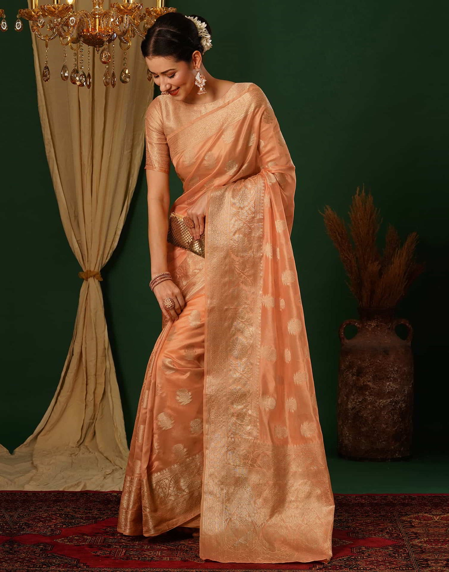 Orange Banarasi Silk Woven Saree