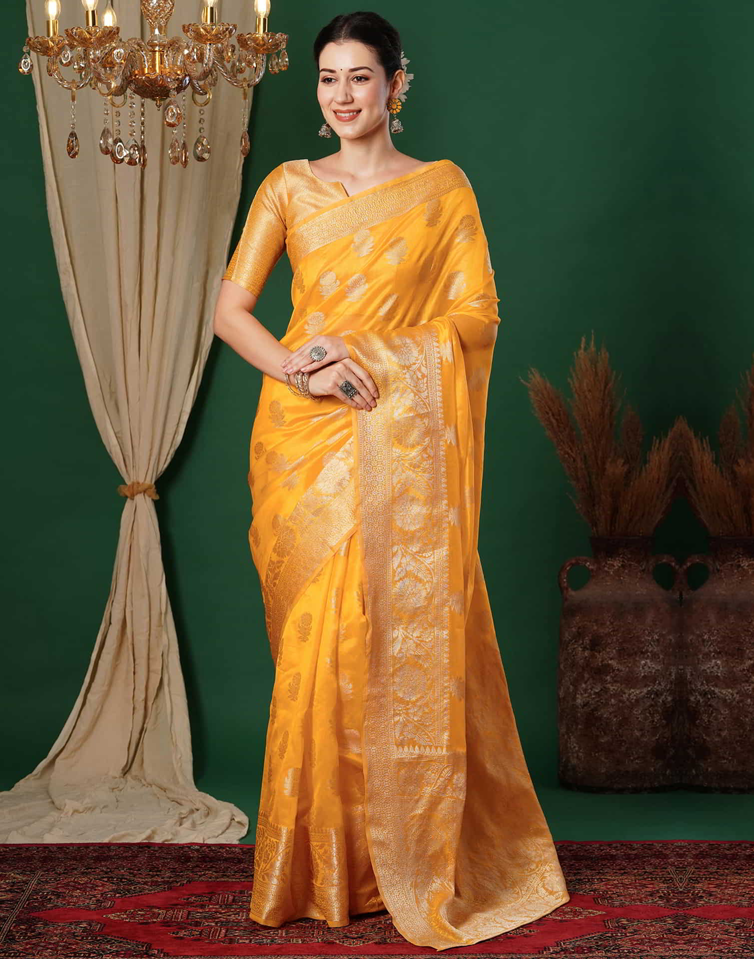 Yellow Banarasi Silk Woven Saree