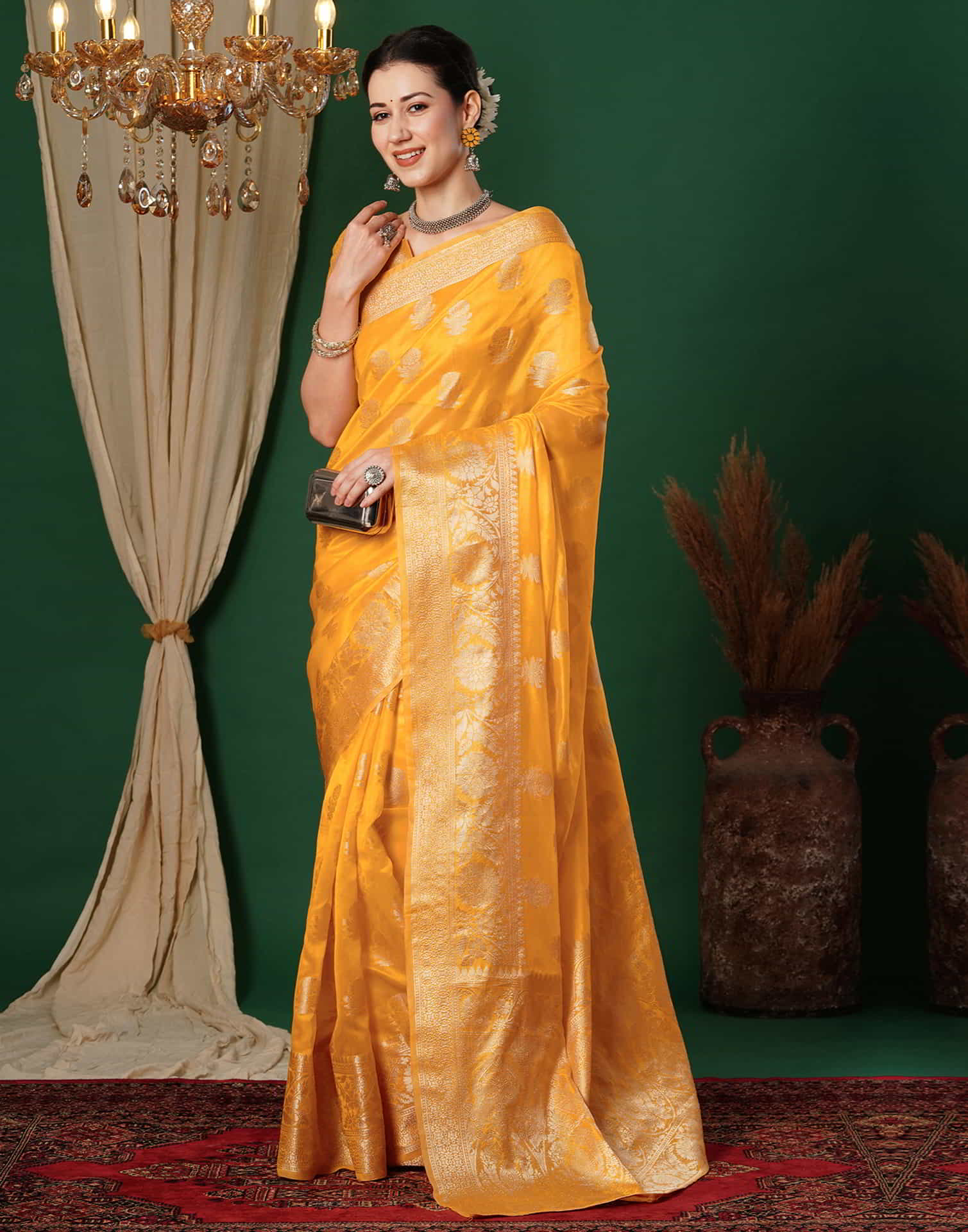 Yellow Banarasi Silk Woven Saree