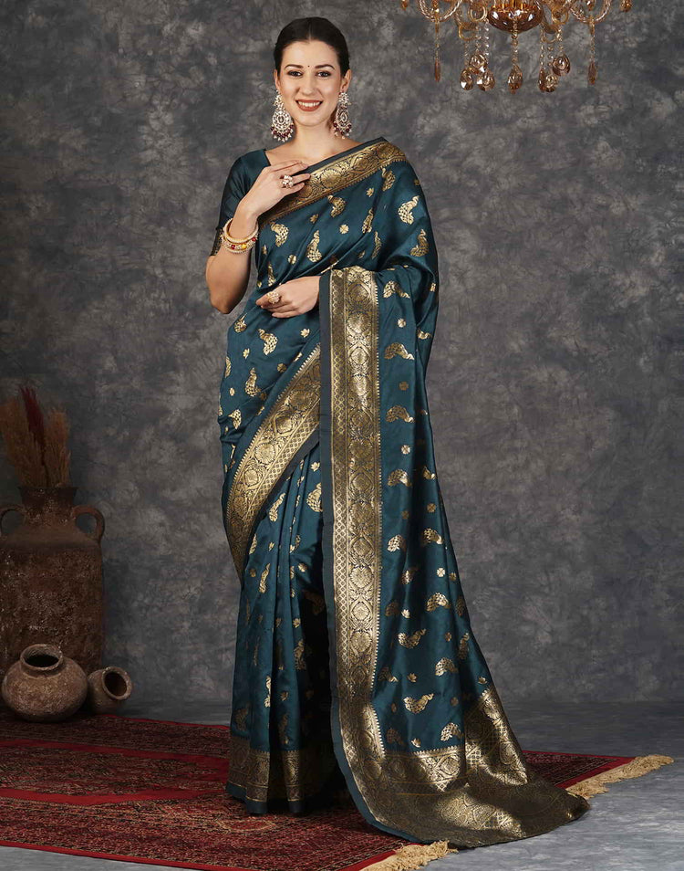 Dark Rama Blue Silk Woven Banarasi Saree