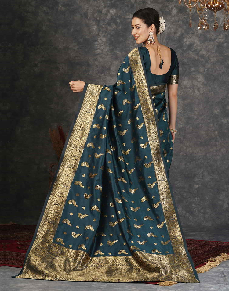 Dark Rama Blue Silk Woven Banarasi Saree