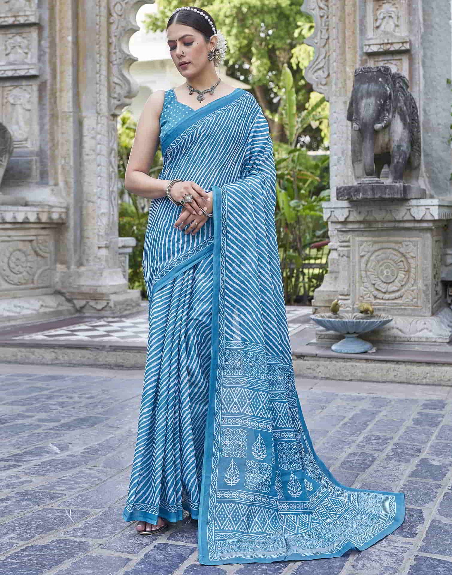 Blue Printed Cotton Leheriya Saree