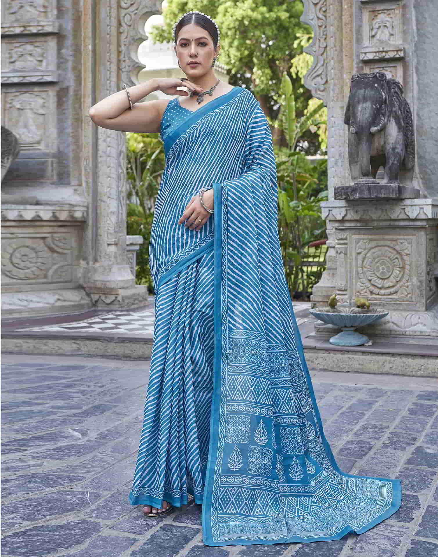 Blue Printed Cotton Leheriya Saree