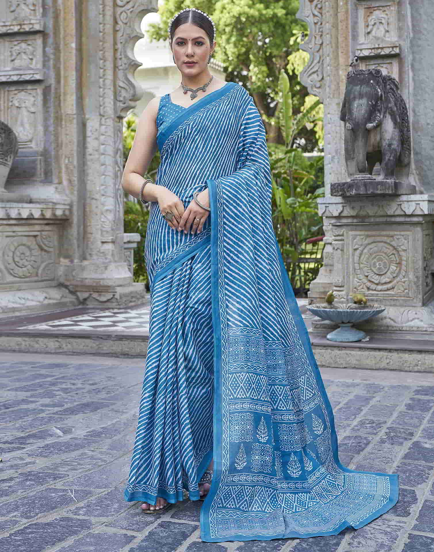 Blue Printed Cotton Leheriya Saree