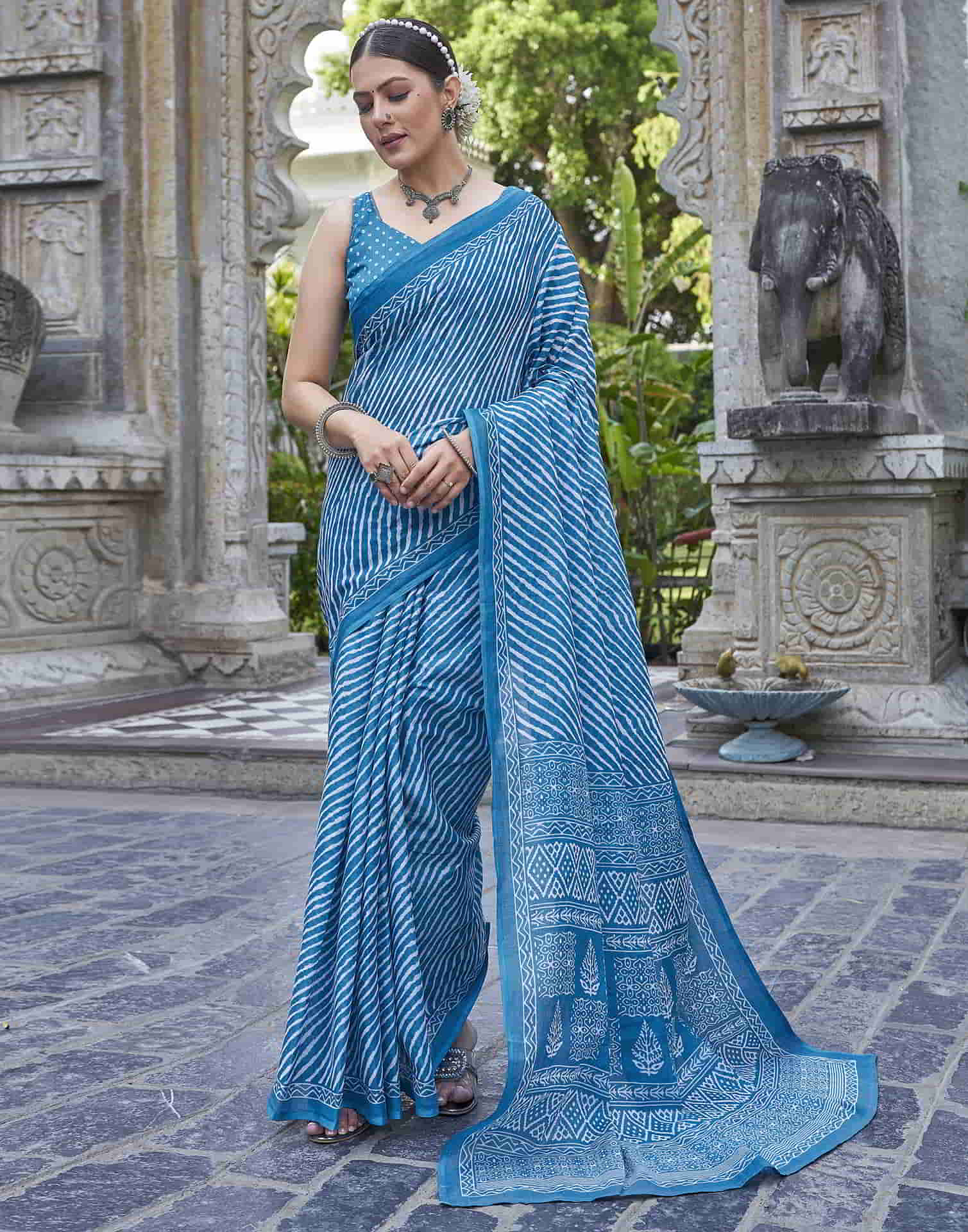 Blue Printed Cotton Leheriya Saree