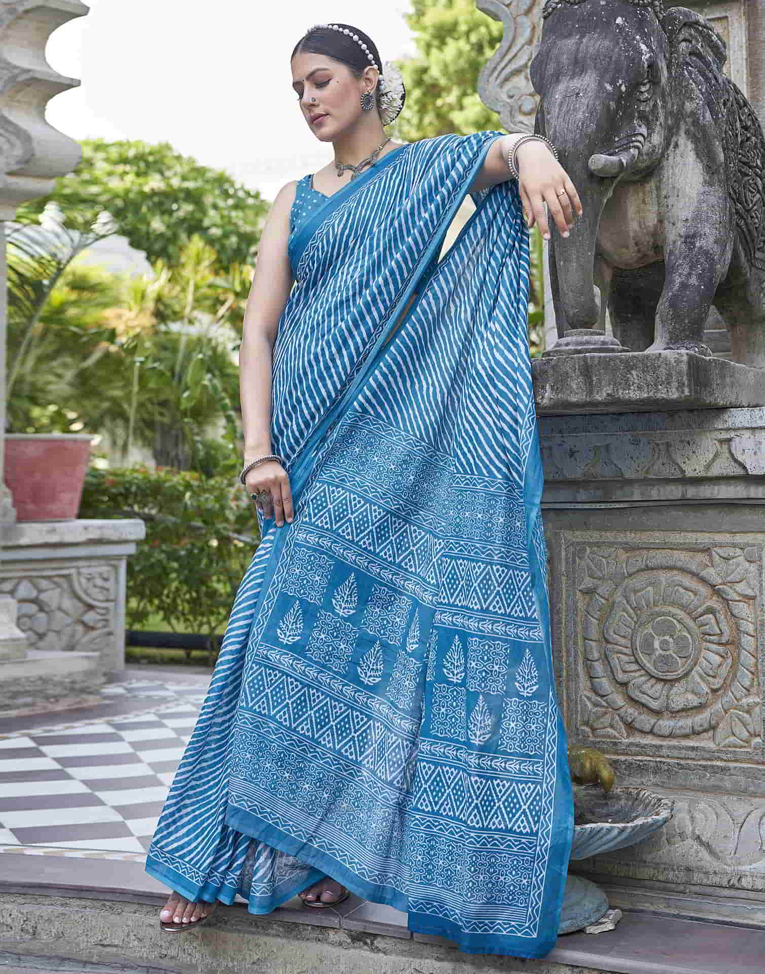 Blue Printed Cotton Leheriya Saree