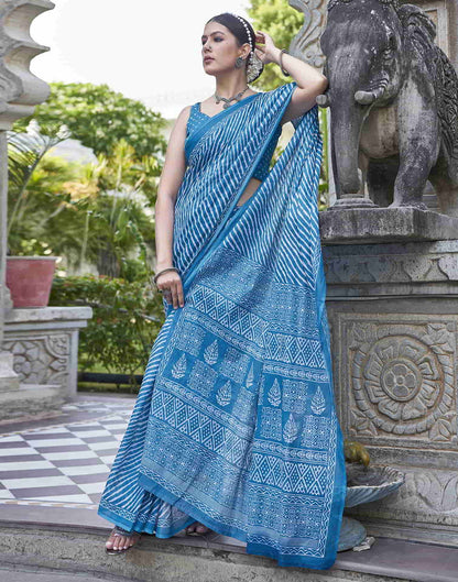 Blue Printed Cotton Leheriya Saree