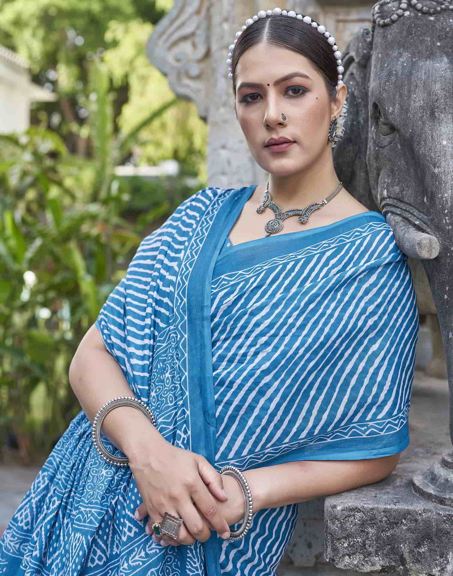 Blue Printed Cotton Leheriya Saree