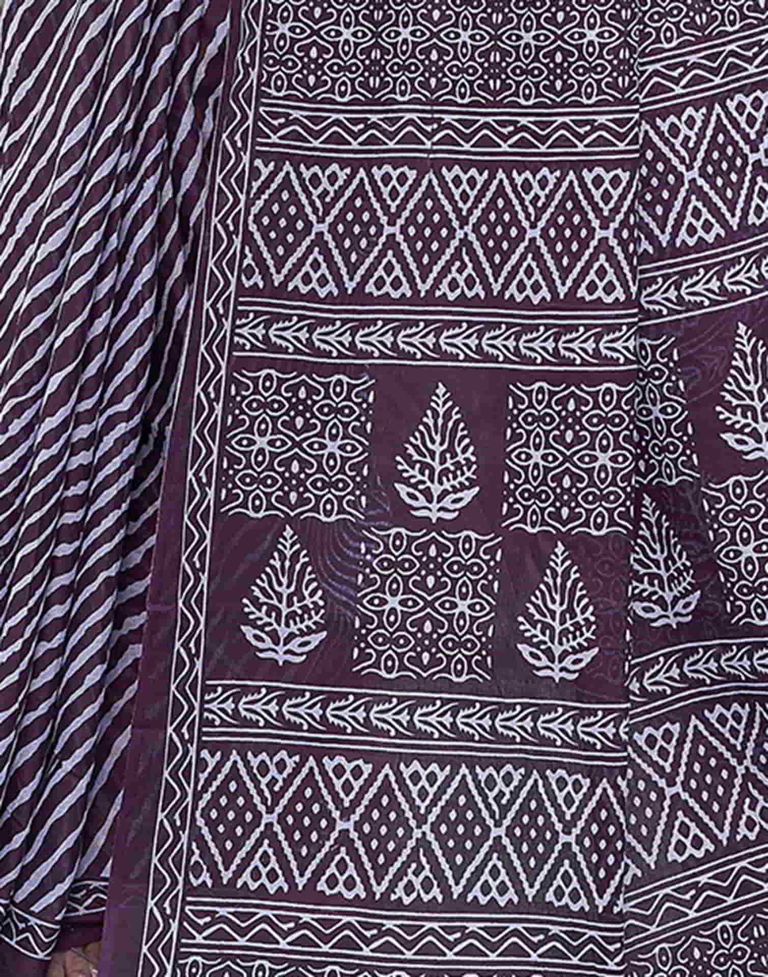 Wine Printed Cotton Leheriya Saree