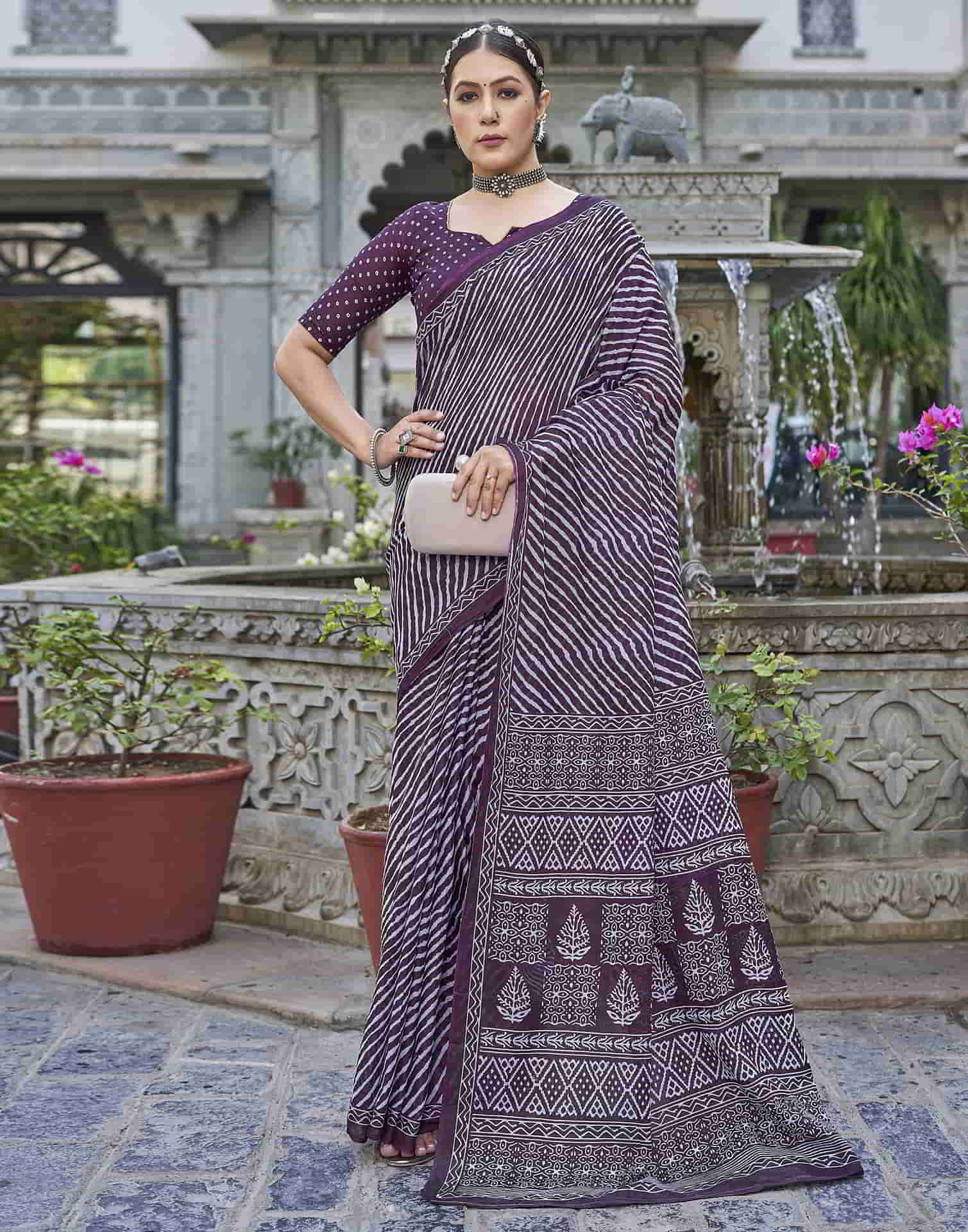 Wine Printed Cotton Leheriya Saree