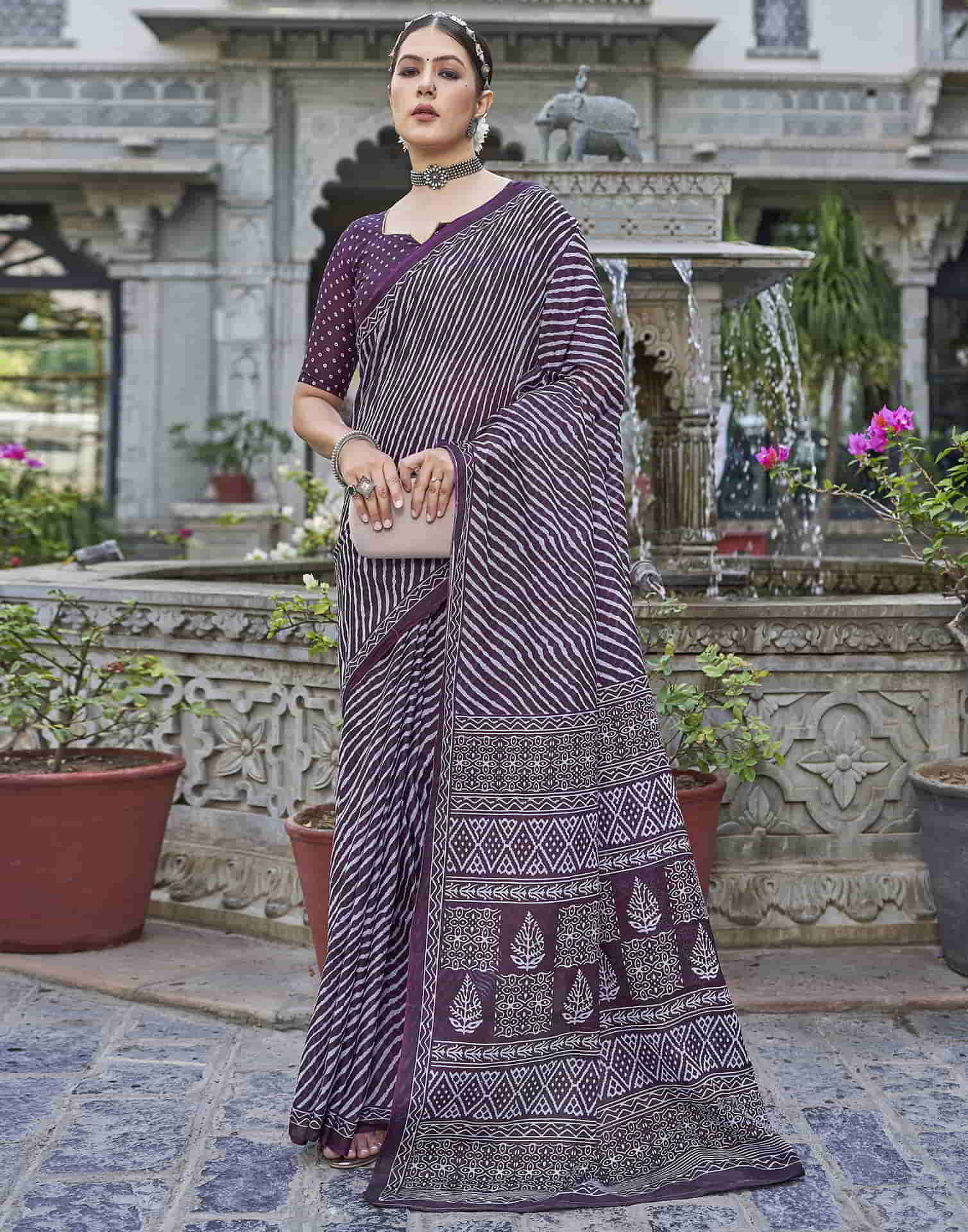 Wine Printed Cotton Leheriya Saree