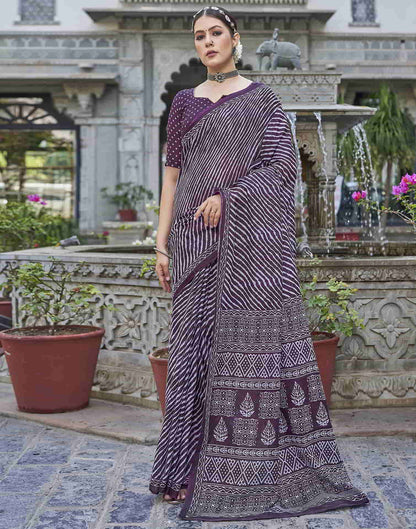 Wine Printed Cotton Leheriya Saree