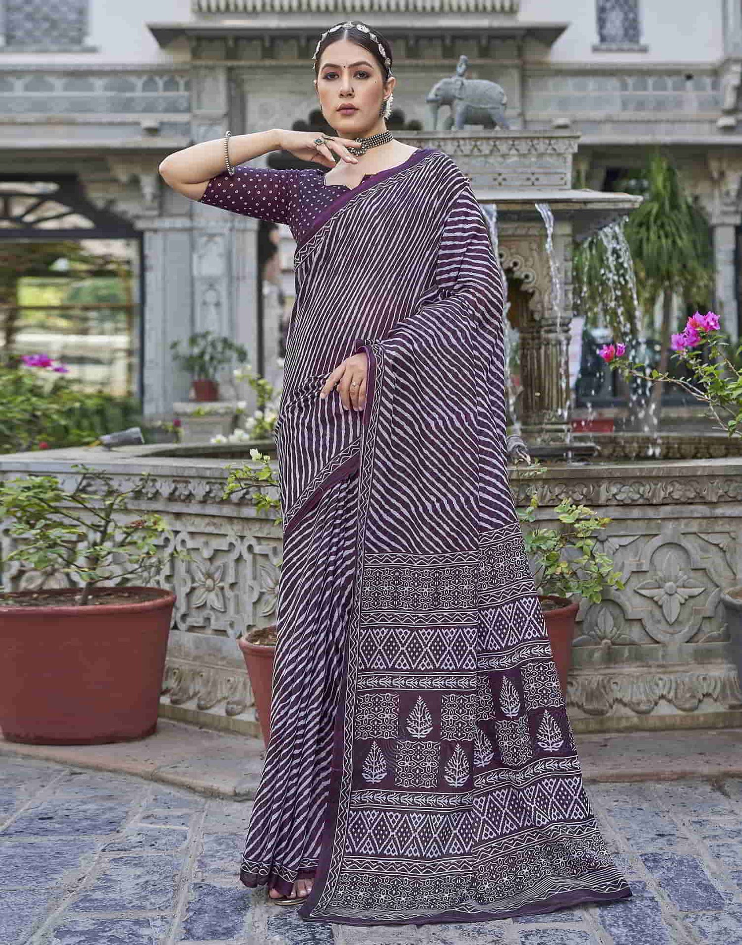 Wine Printed Cotton Leheriya Saree