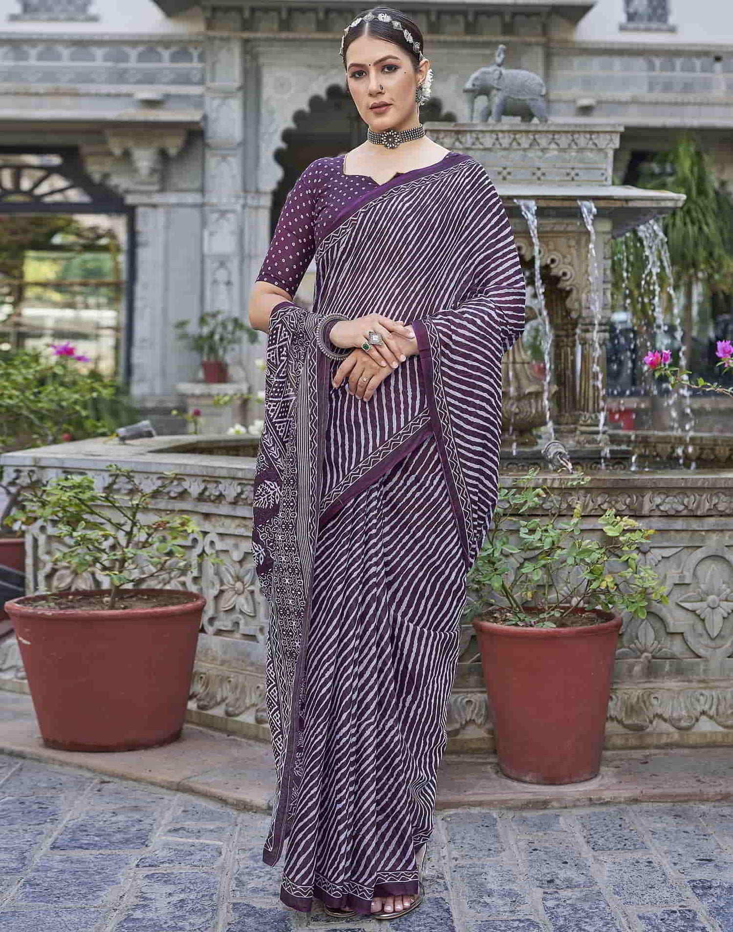 Wine Printed Cotton Leheriya Saree