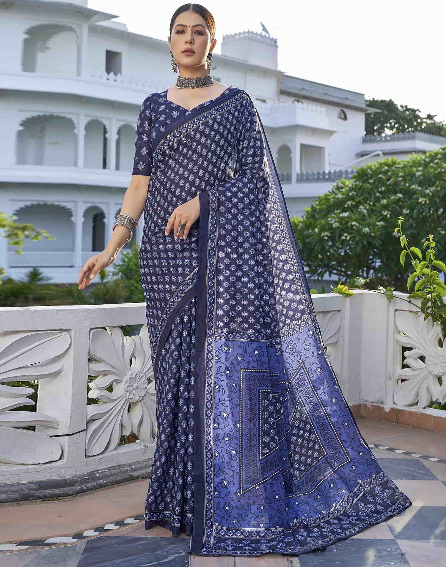 Blue Printed Cotton Saree