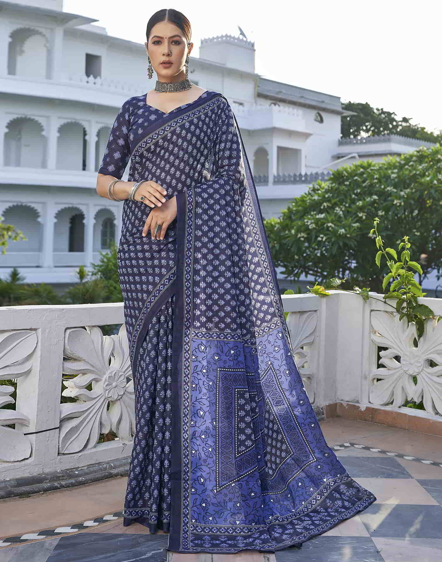 Blue Printed Cotton Saree