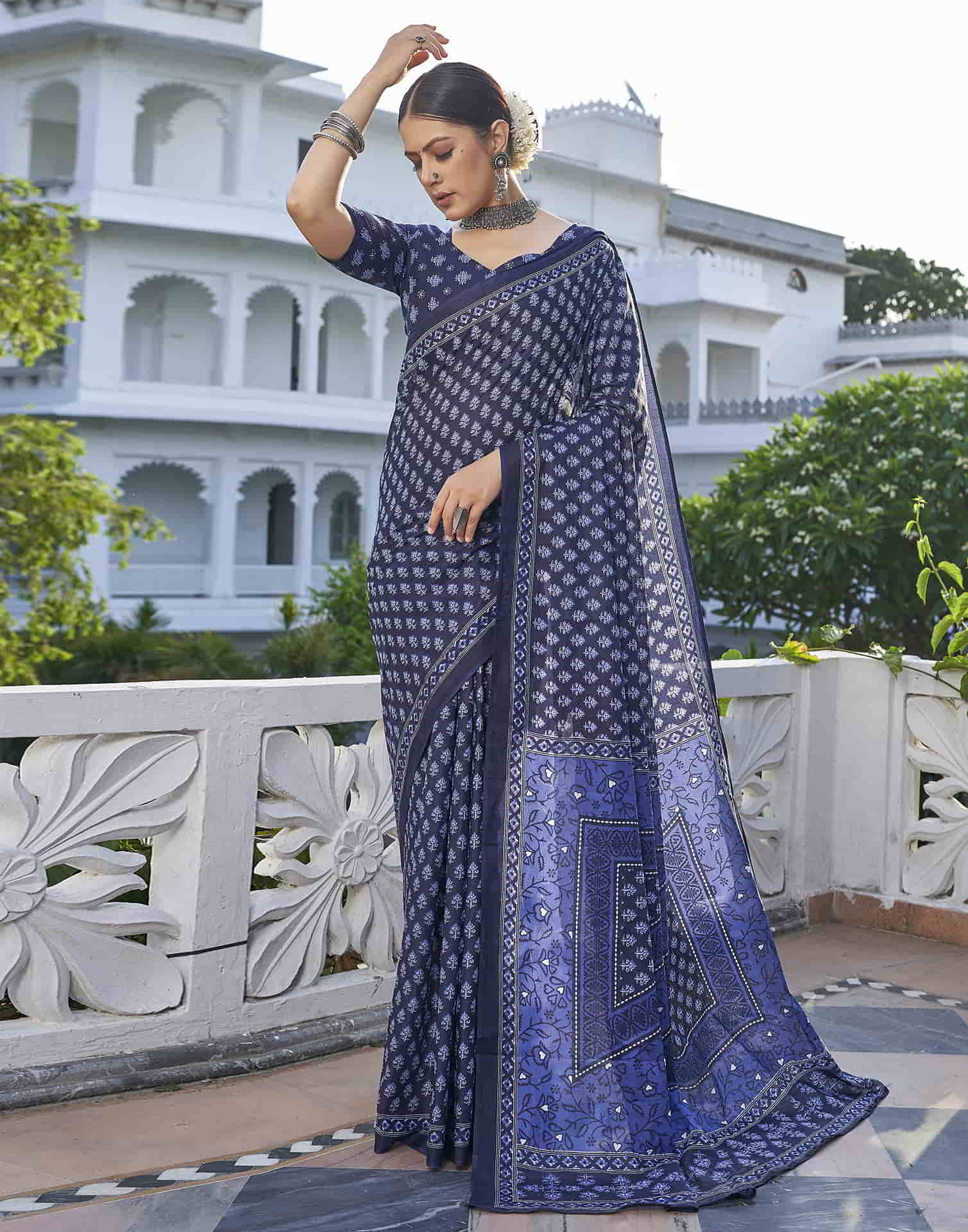 Blue Printed Cotton Saree