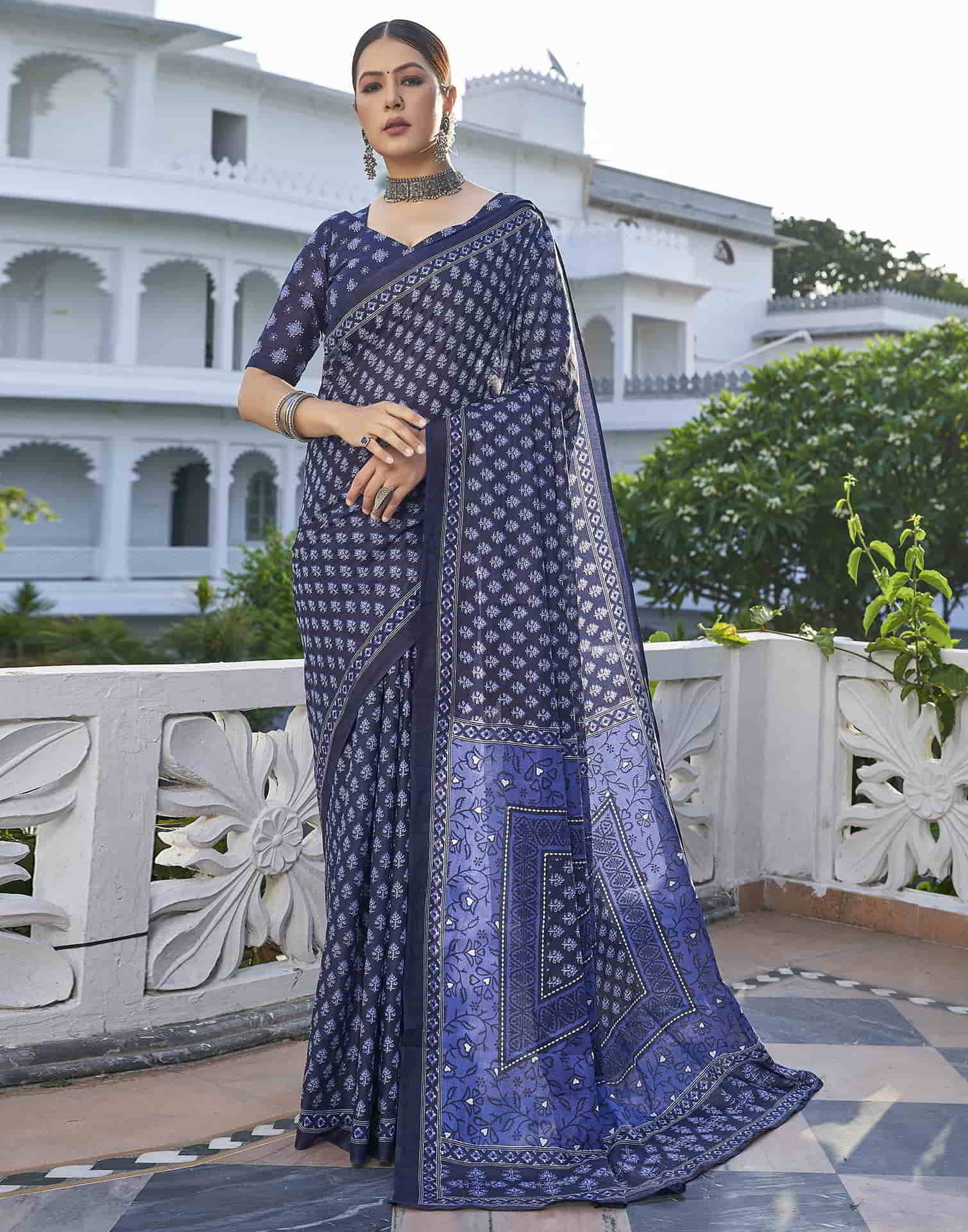 Blue Printed Cotton Saree