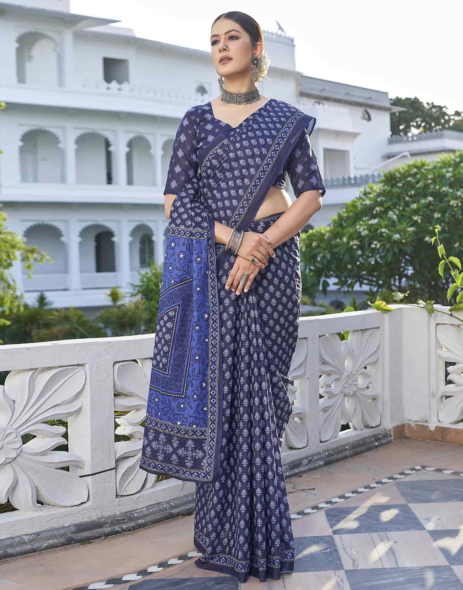 Blue Printed Cotton Saree