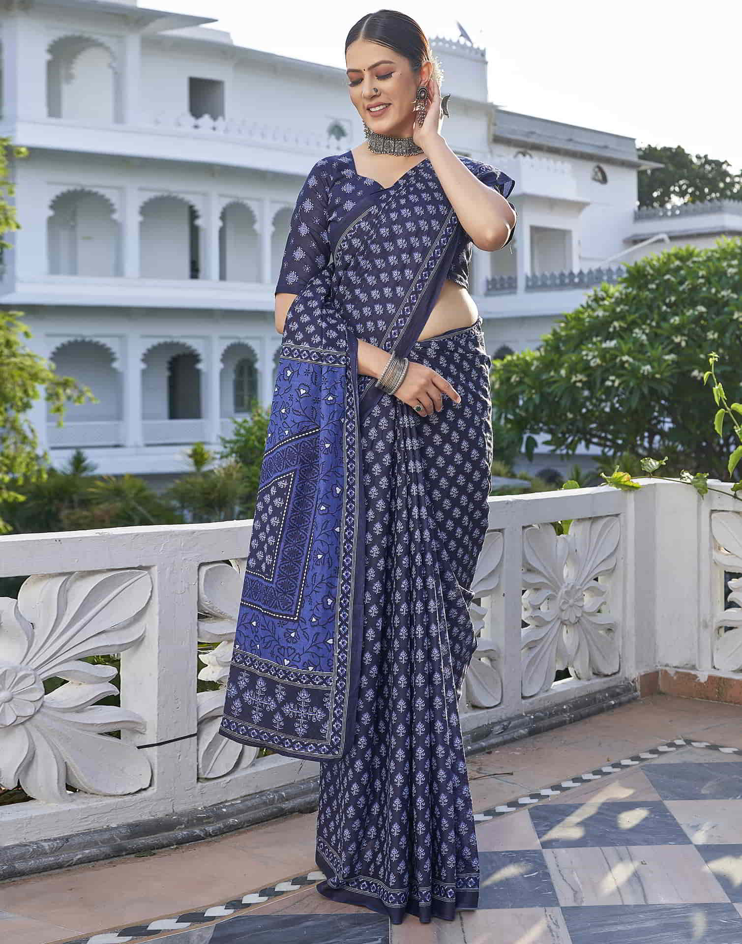 Blue Printed Cotton Saree