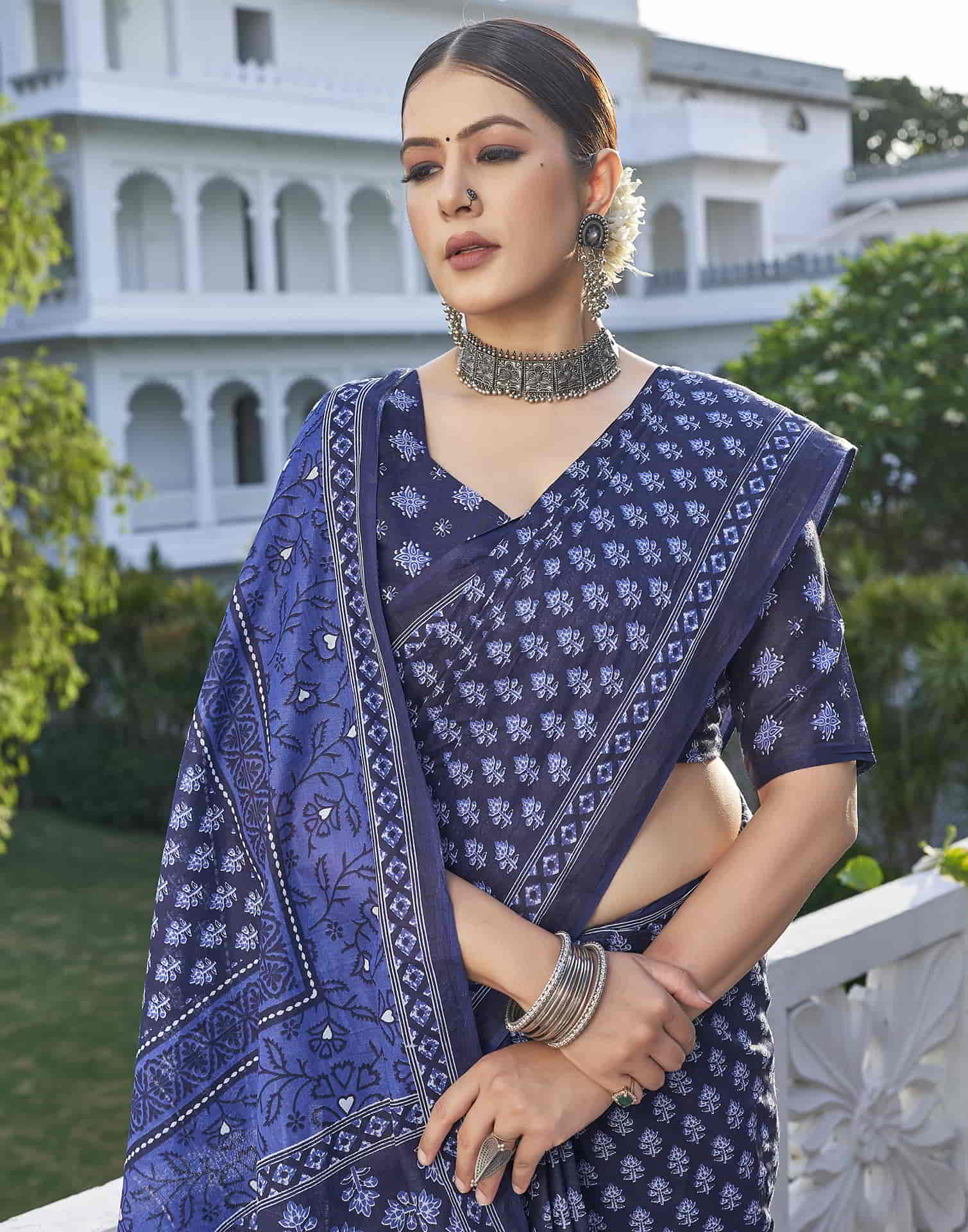 Blue Printed Cotton Saree