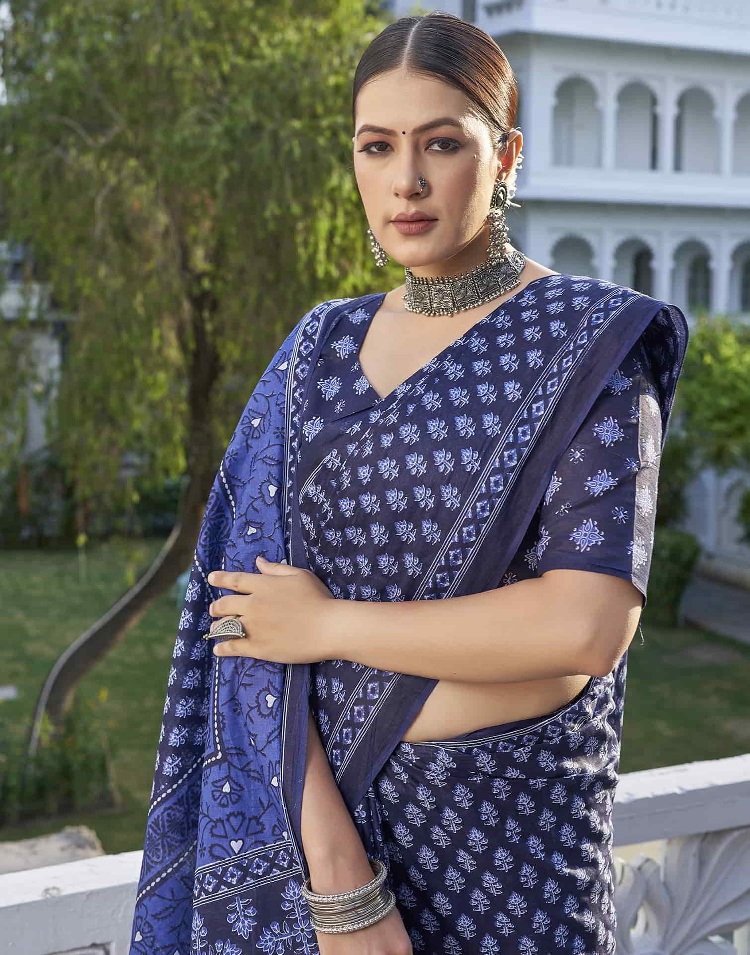 Blue Printed Cotton Saree