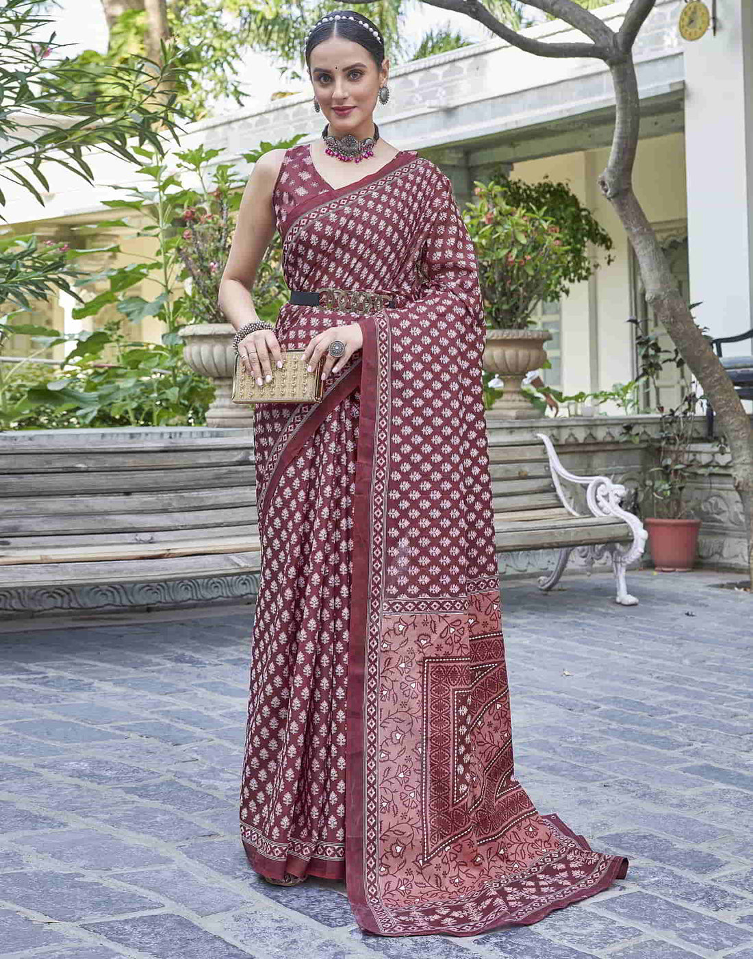 Maroon Printed Cotton Saree