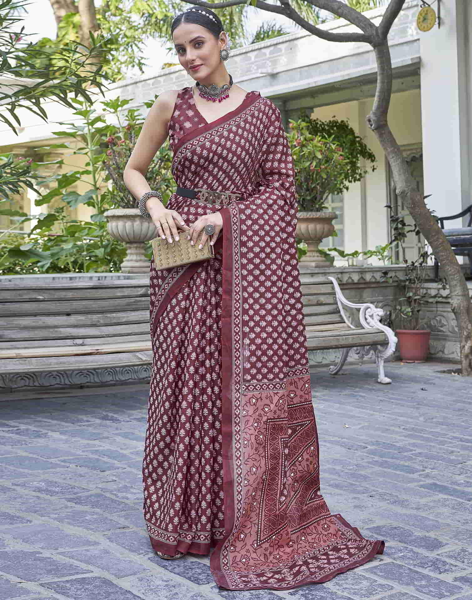 Maroon Printed Cotton Saree