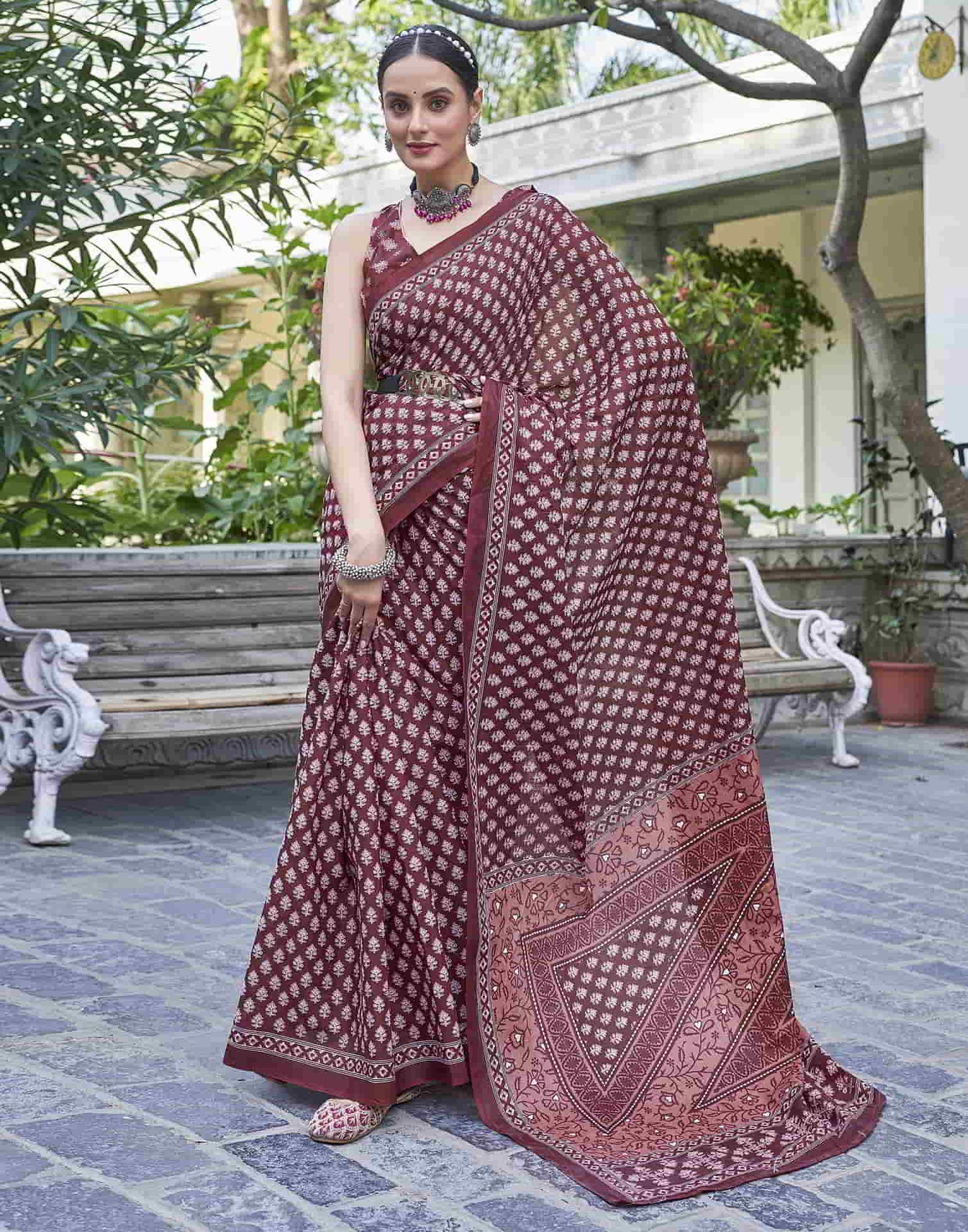 Maroon Printed Cotton Saree