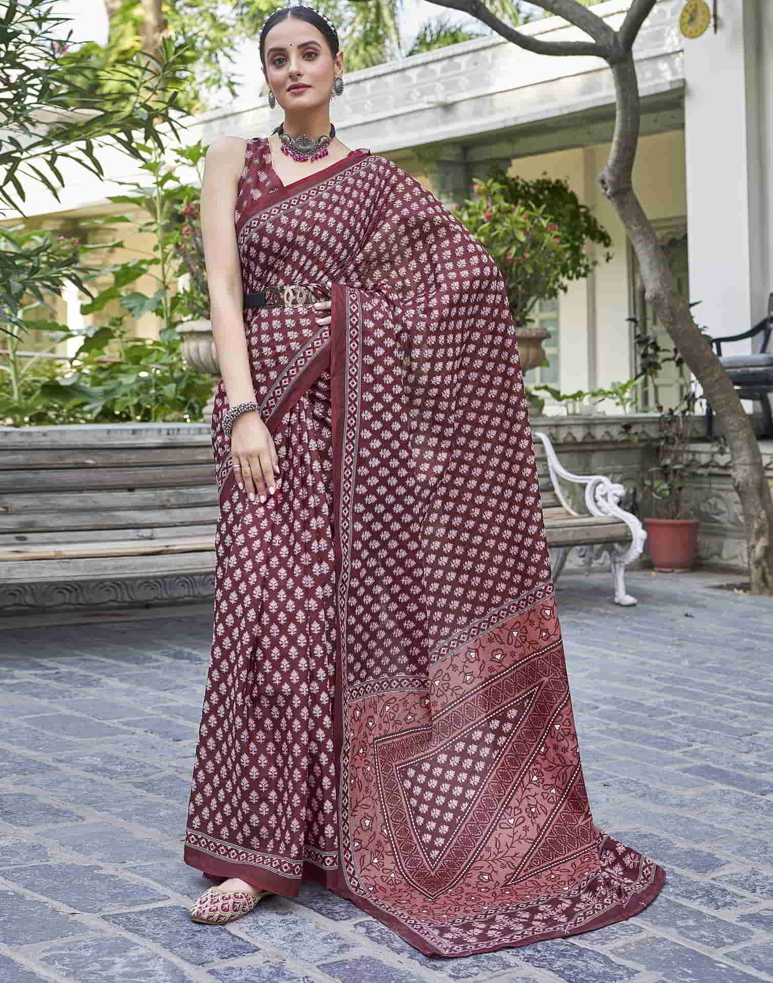 Maroon Printed Cotton Saree