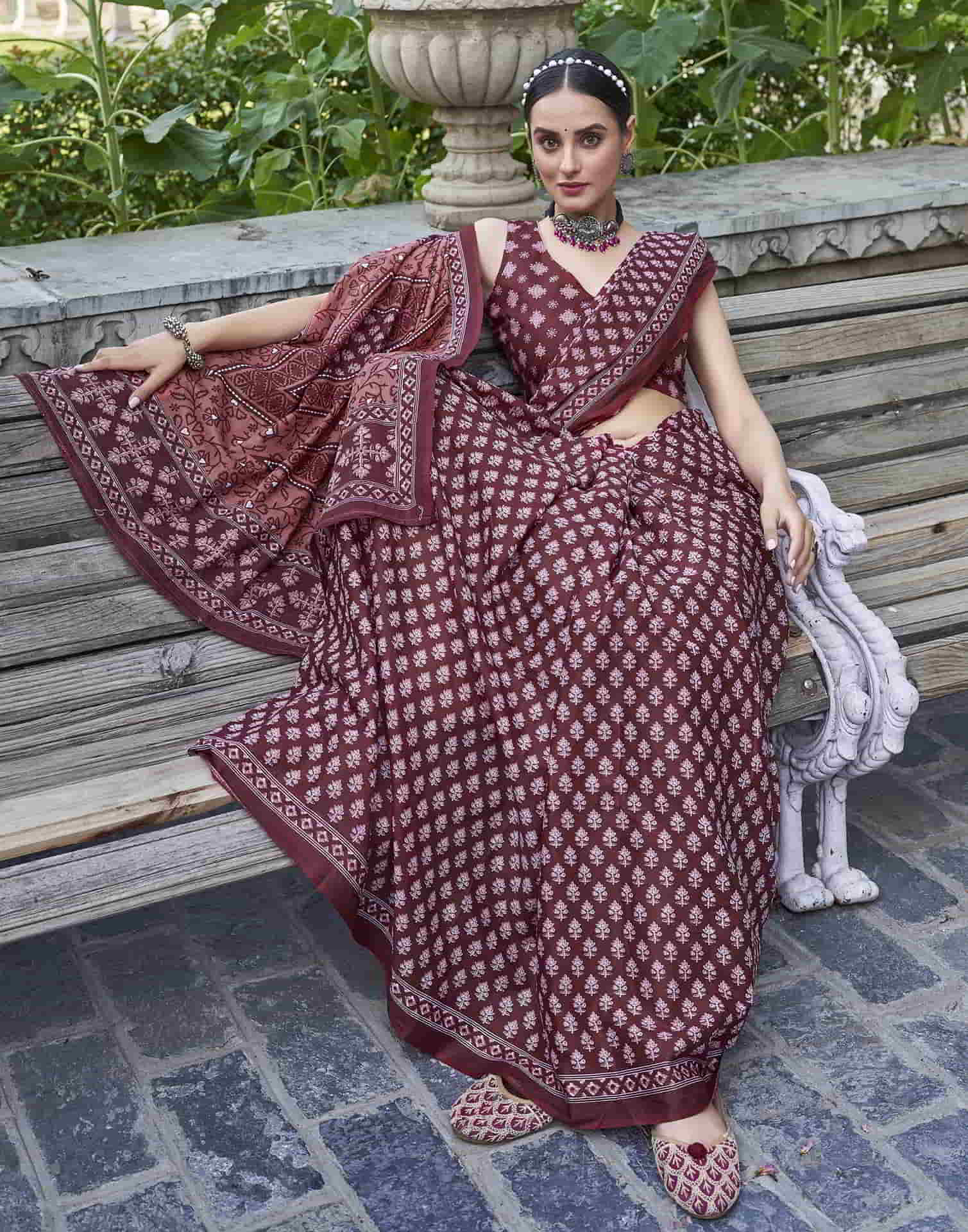 Maroon Printed Cotton Saree