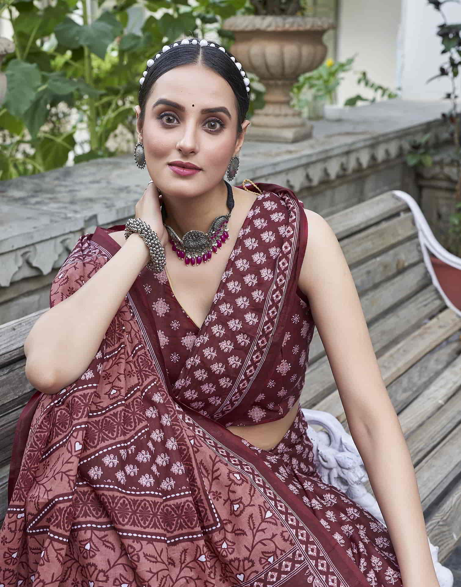 Maroon Printed Cotton Saree