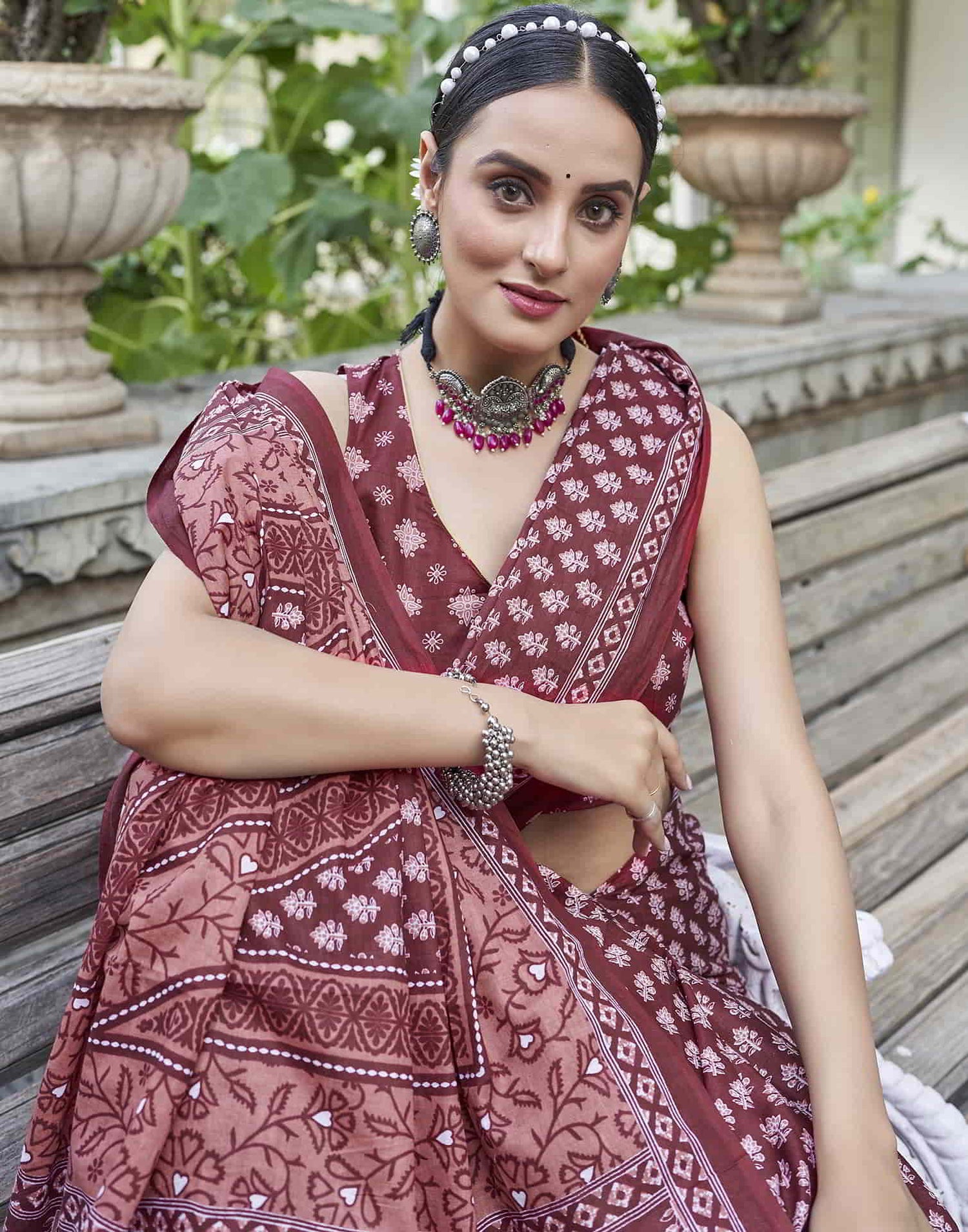 Maroon Printed Cotton Saree