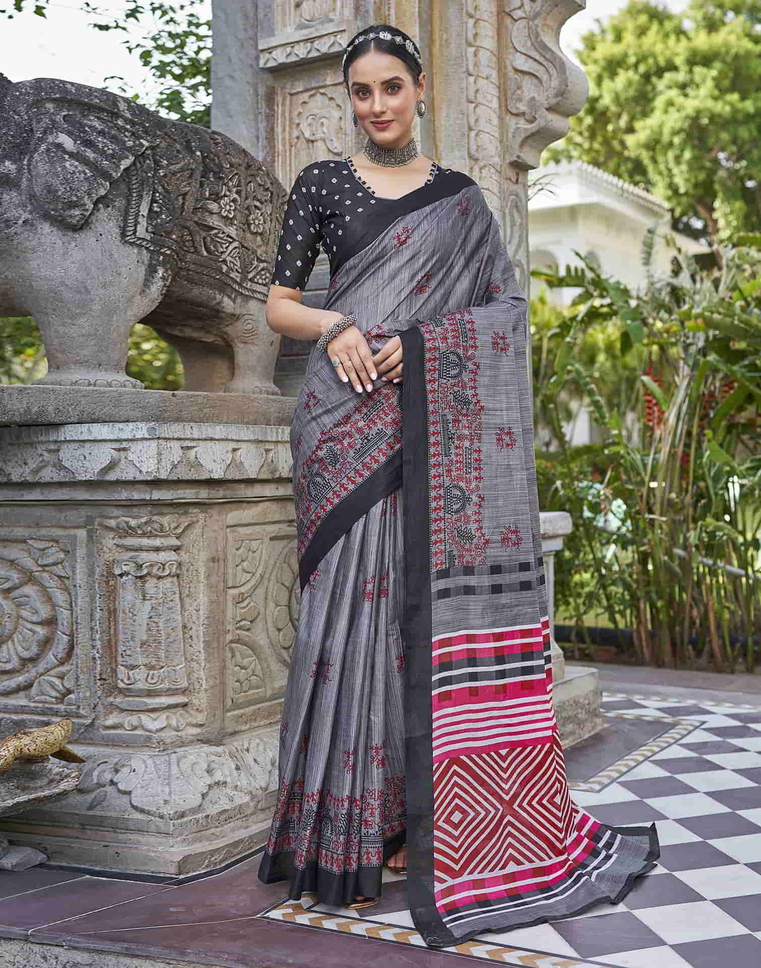 Grey Printed Cotton Saree