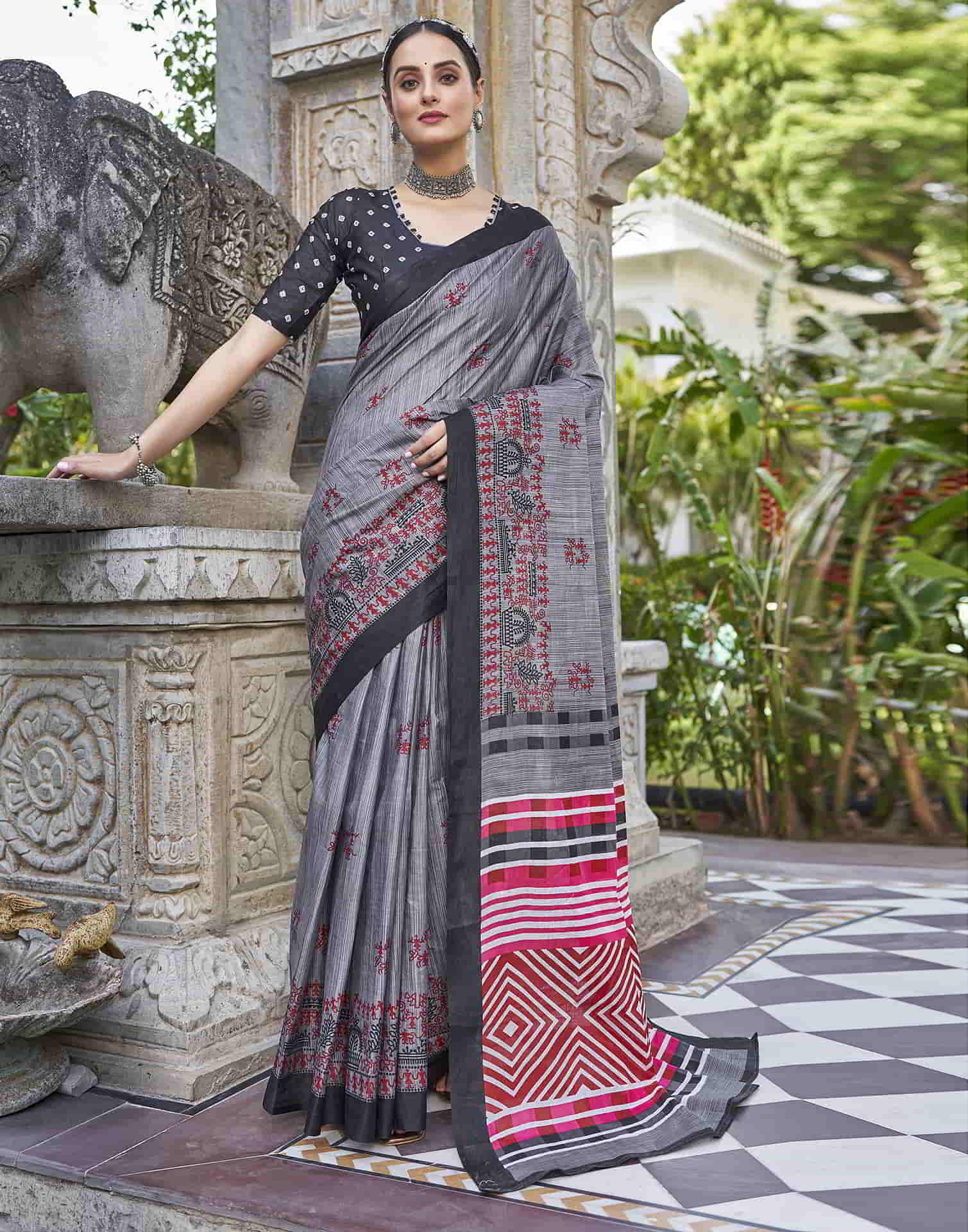 Grey Printed Cotton Saree