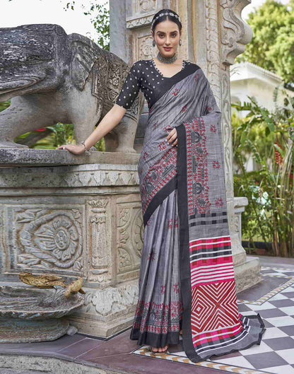 Grey Printed Cotton Saree