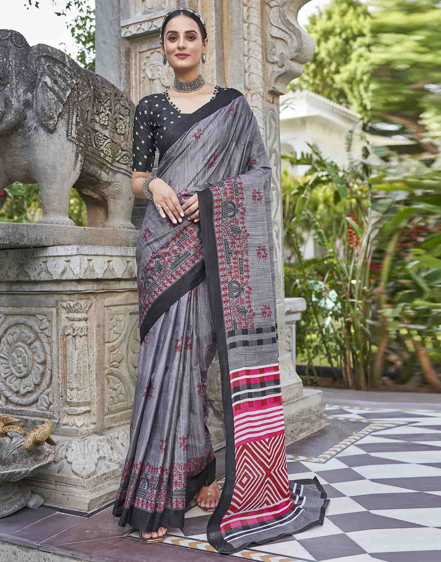 Grey Printed Cotton Saree