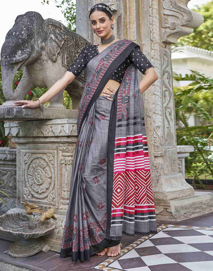 Grey Printed Cotton Saree