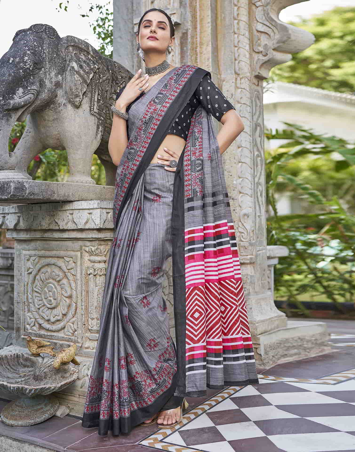 Grey Printed Cotton Saree