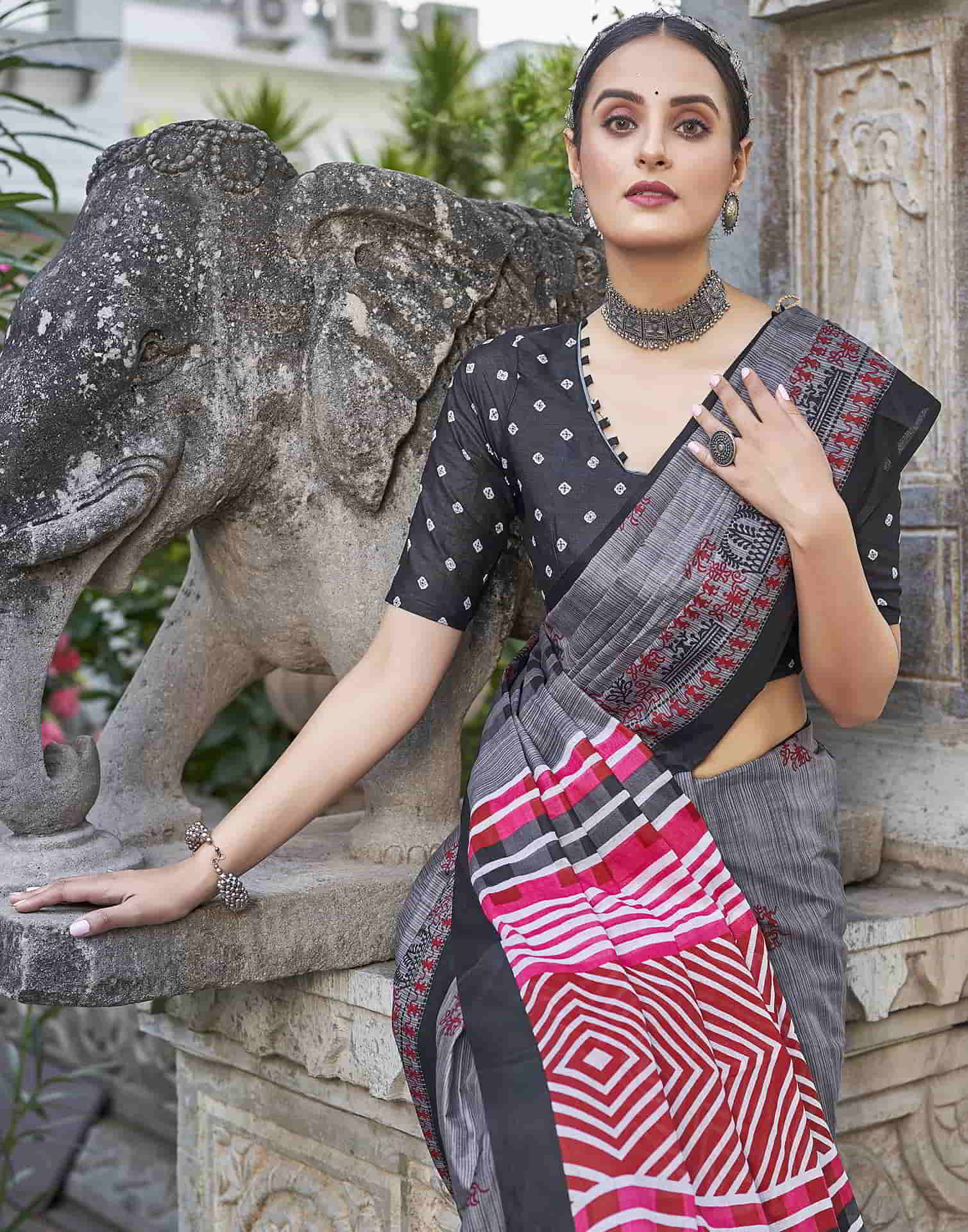 Grey Printed Cotton Saree