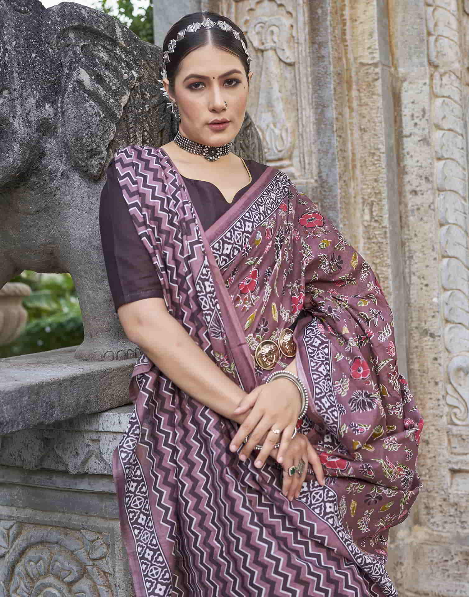 Mauve Printed Cotton Saree