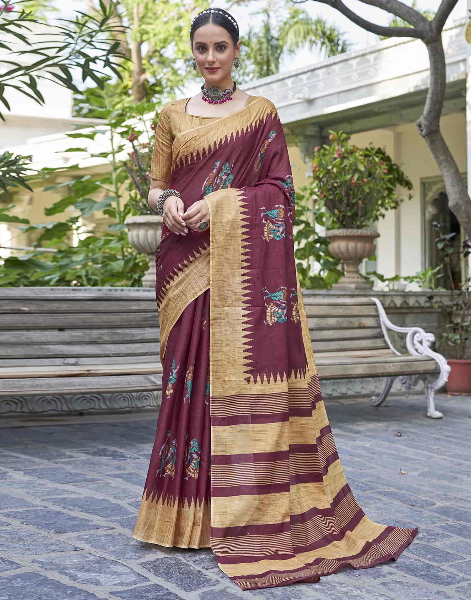 Maroon Printed Cotton Saree