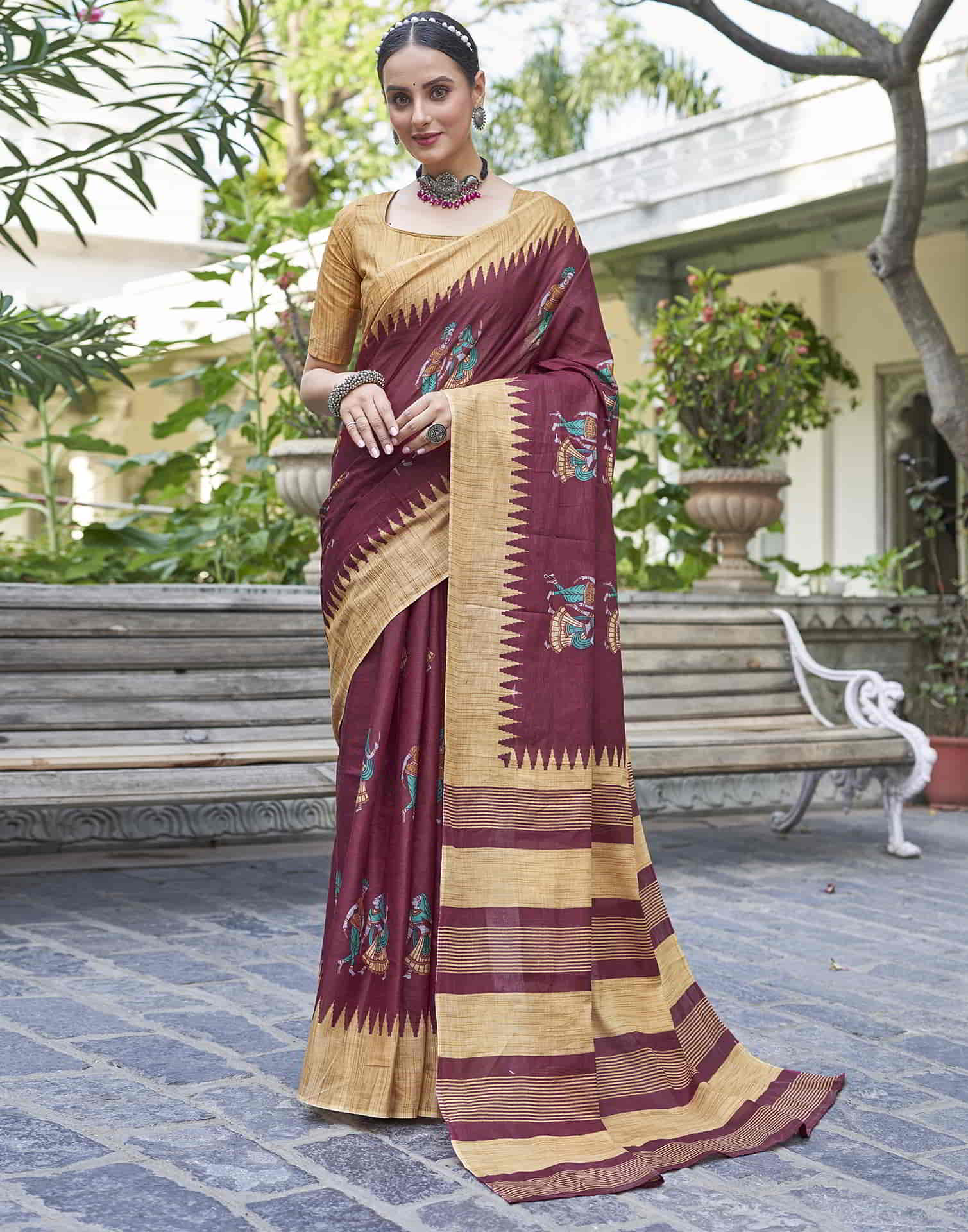 Maroon Printed Cotton Saree