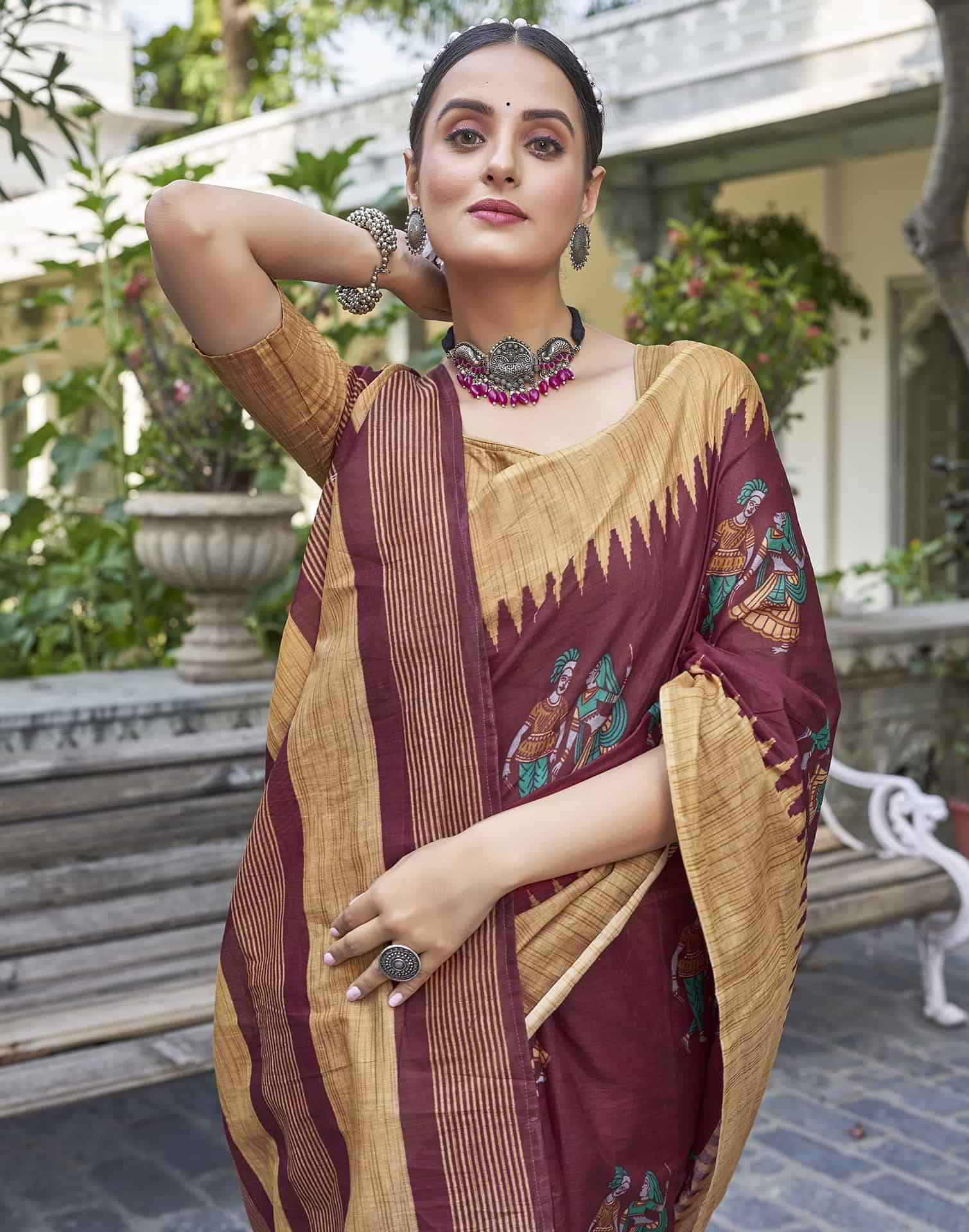 Maroon Printed Cotton Saree