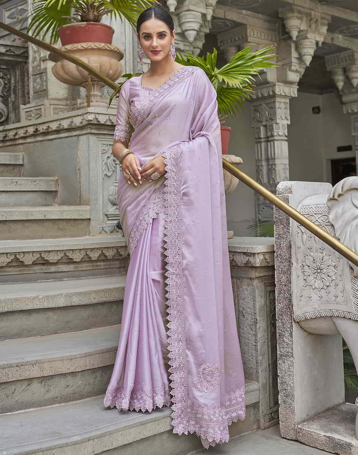 Purple Swarovski Georgette Stone Work Saree