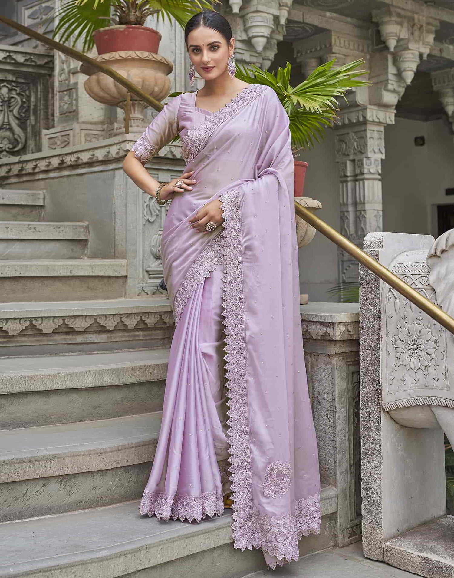 Purple Swarovski Georgette Stone Work Saree